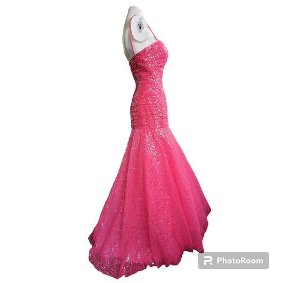 Tiffany Designs Pink Chiffon Sequined Rhinestones Mermaid Pageant / Prom Dress - Picture 14 of 15